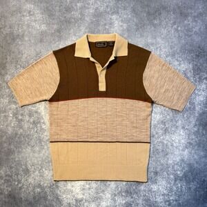 VTG Attitude Mens XL Brown Tan Colorblock Knit Short Sleeve Polo Sweater Shirt